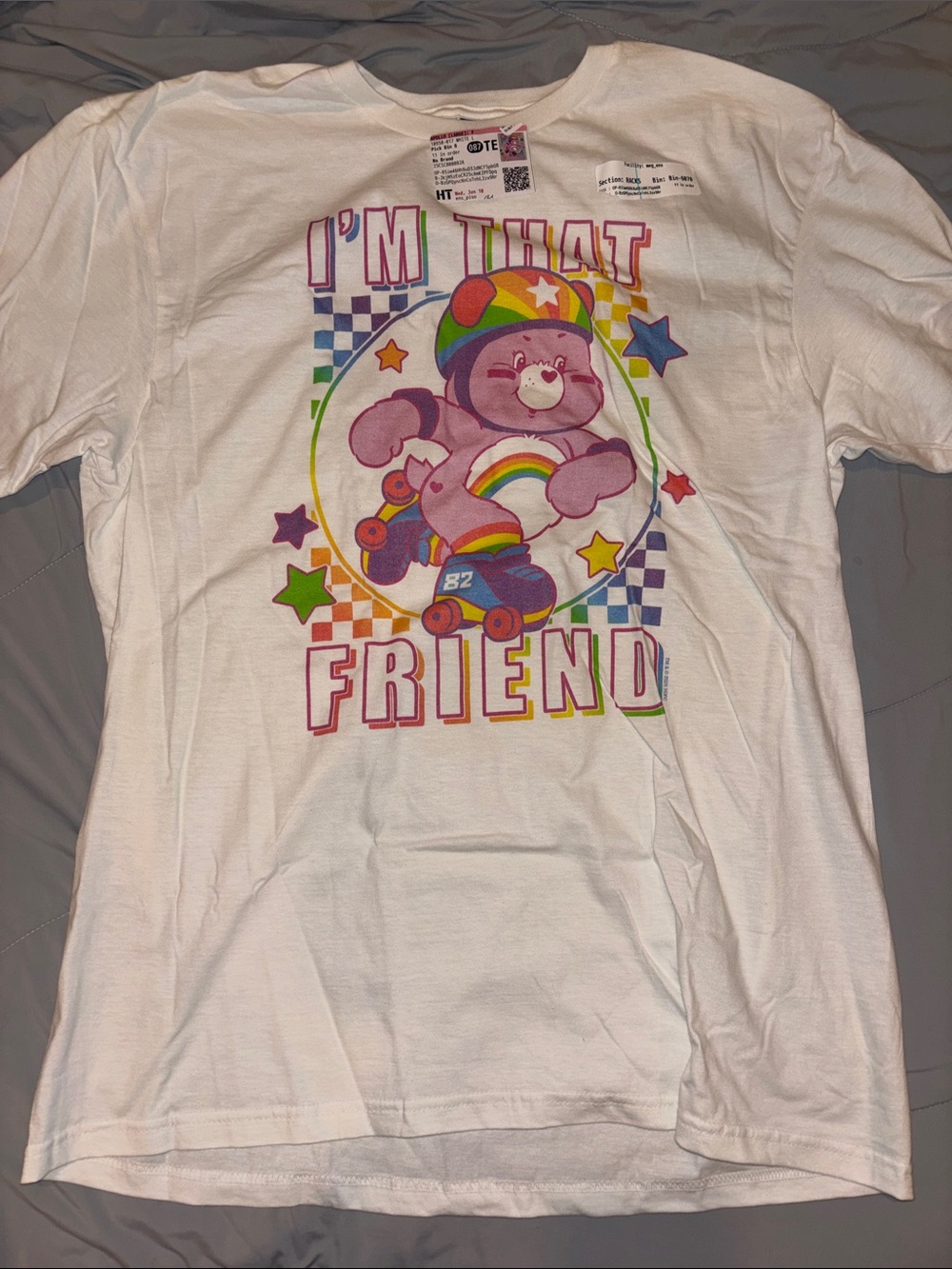 Care Bears Women’s White Tee “I’m That Friend” Cheer Bear in Roller Skates in L